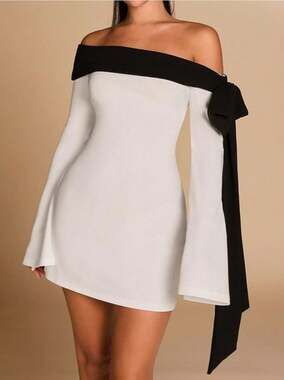 MakeMeChic Off The Shoulder Bow & Bell Sleeve Cocktail Dress,M,White/Blk